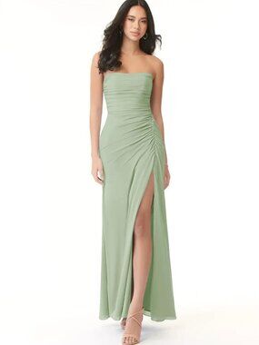Azazie Sage Green Strapless Ruched Side-Slit Gown